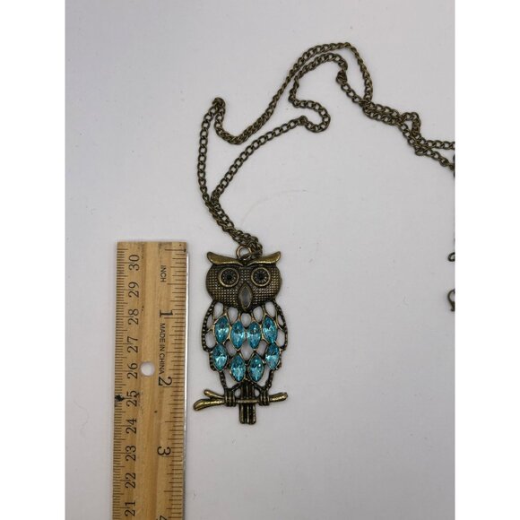 Vintage-Style Owl Pendant Necklace With Blue Gemstones & Antique Bronze Chain - Picture 3 of 3
